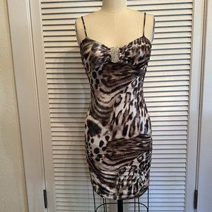 IPONA COLLECTION STRAPPY BODYCON PARTY DRESS. ANIMAL PRINT. Y2K. SZ SMALL.